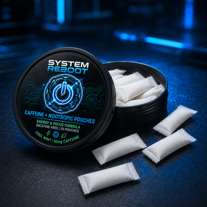 Caffeine + Nootropic Pouches by System Reboot - hero tin and pouch
