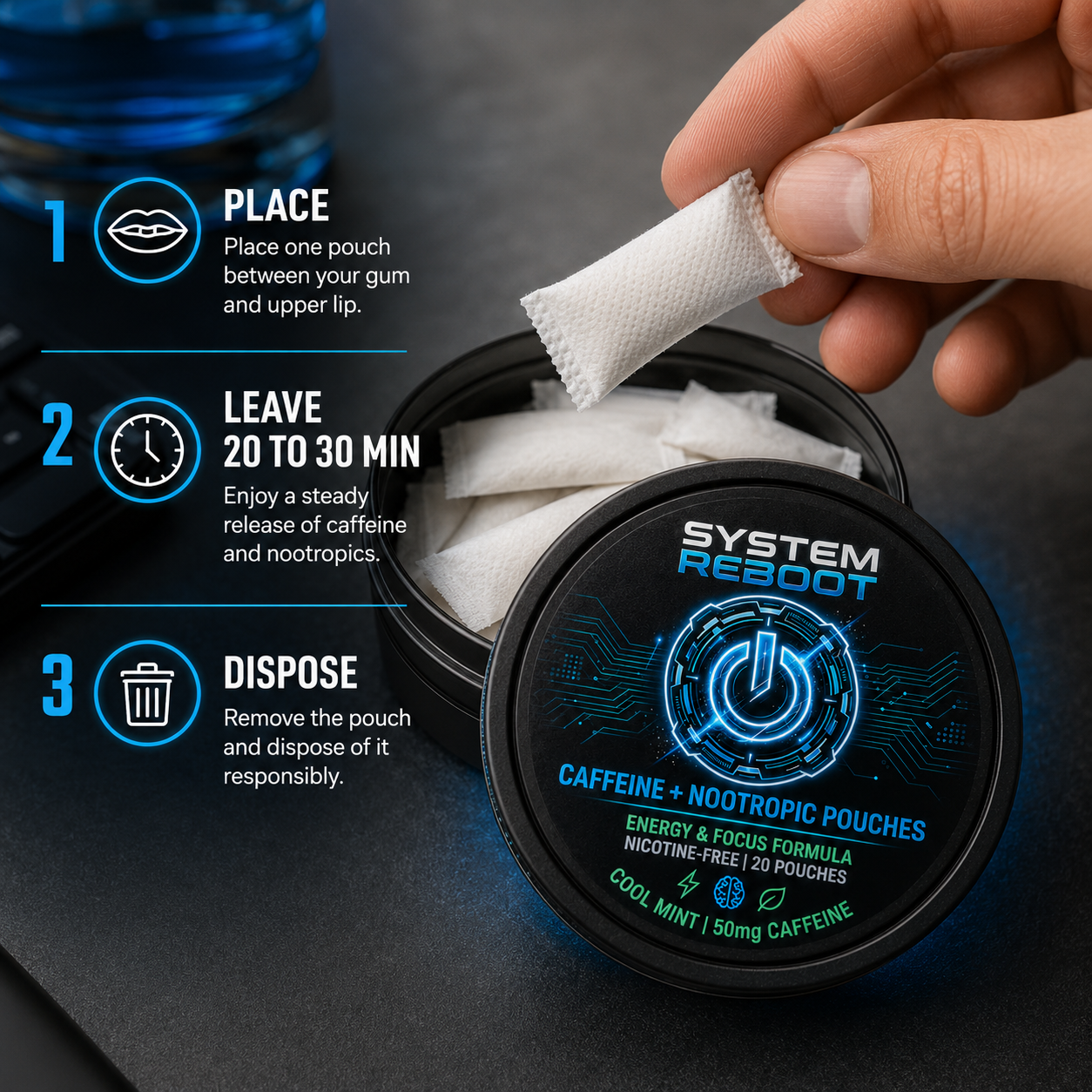 Caffeine + Nootropic Pouches by System Reboot - how to use closeup