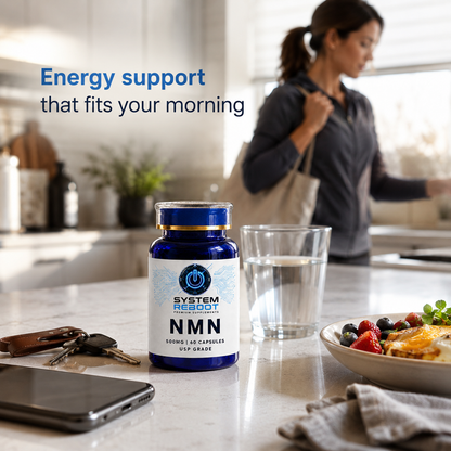 NMN 500mg Capsules by System Reboot - busy morning routine female mid 30s