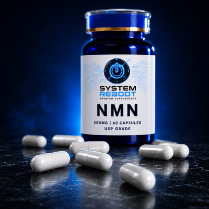 NMN 500mg Capsules by System Reboot - capsules with bottle background