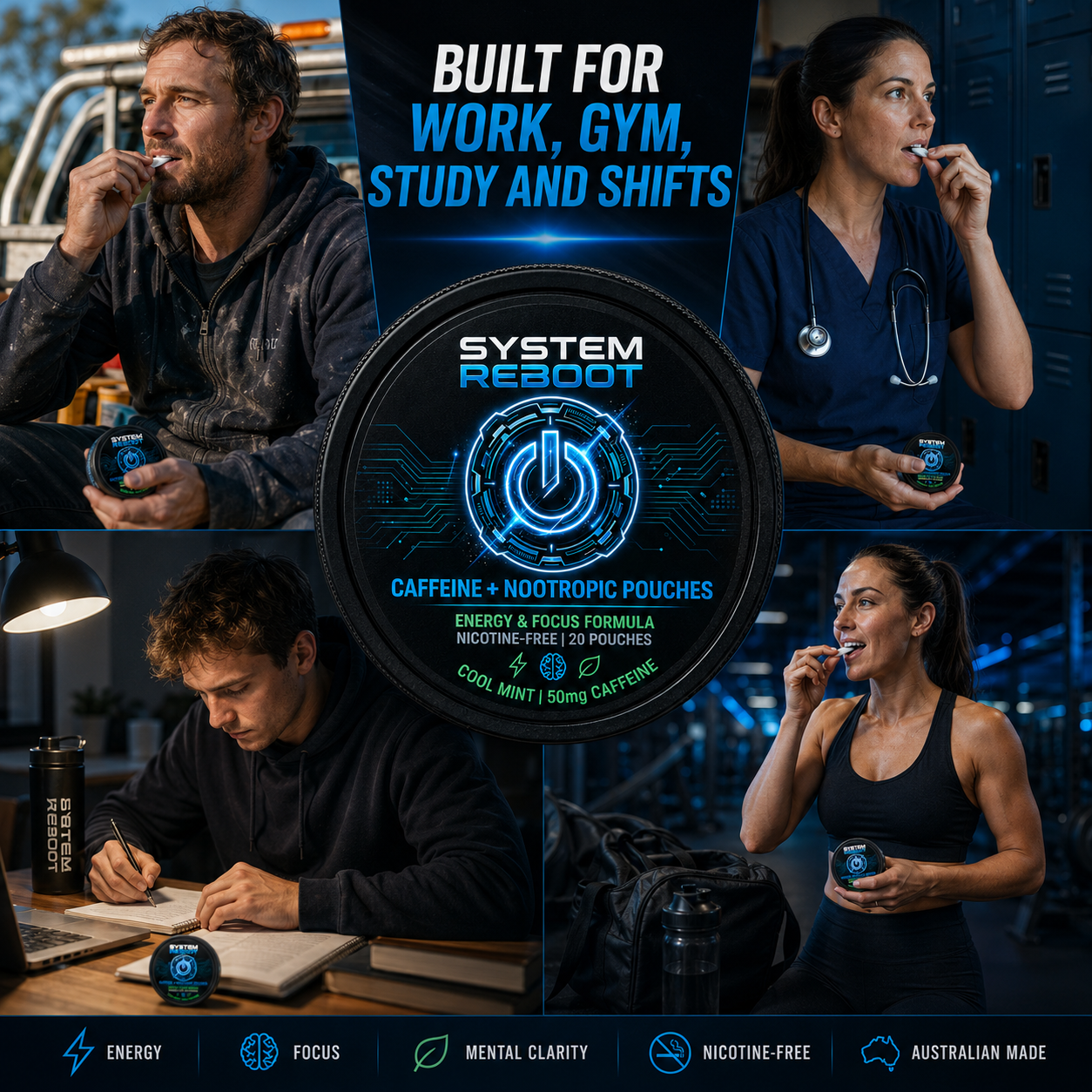 Caffeine + Nootropic Pouches by System Reboot - lifestyle cast montage