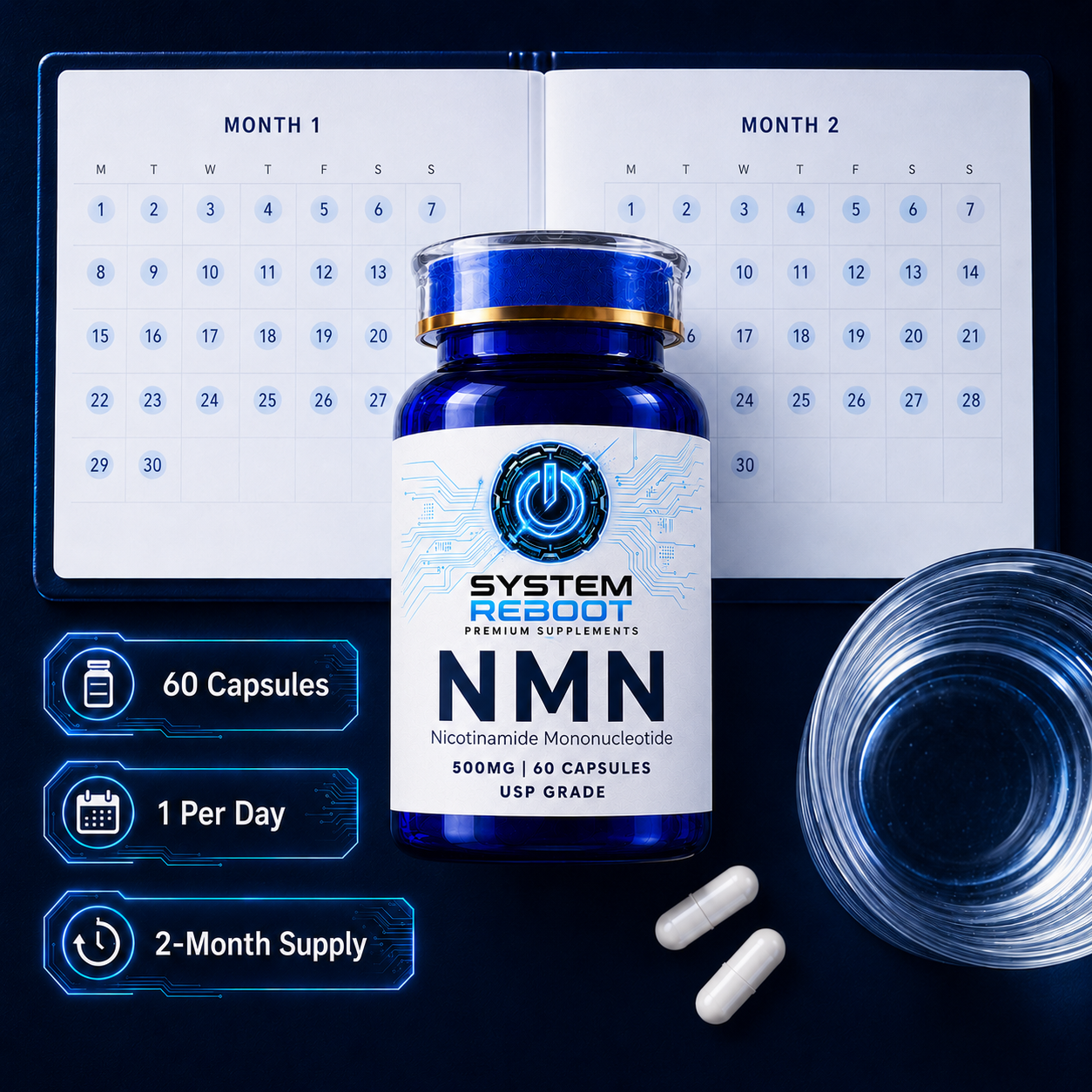 System Reboot NMN bottle with calendar - 60 capsules two month supply infographic