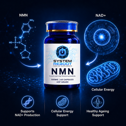 System Reboot NMN bottle with NAD+ and cellular energy support infographic