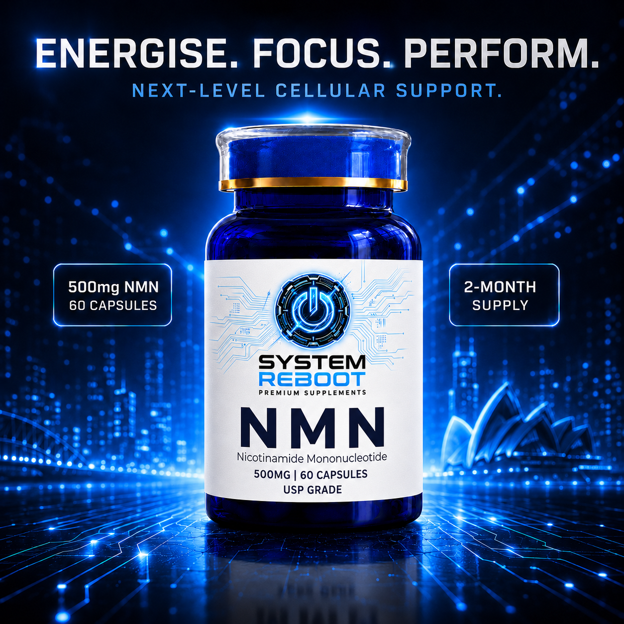 System Reboot NMN bottle front - energise focus perform graphic