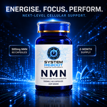 System Reboot NMN bottle front - energise focus perform graphic