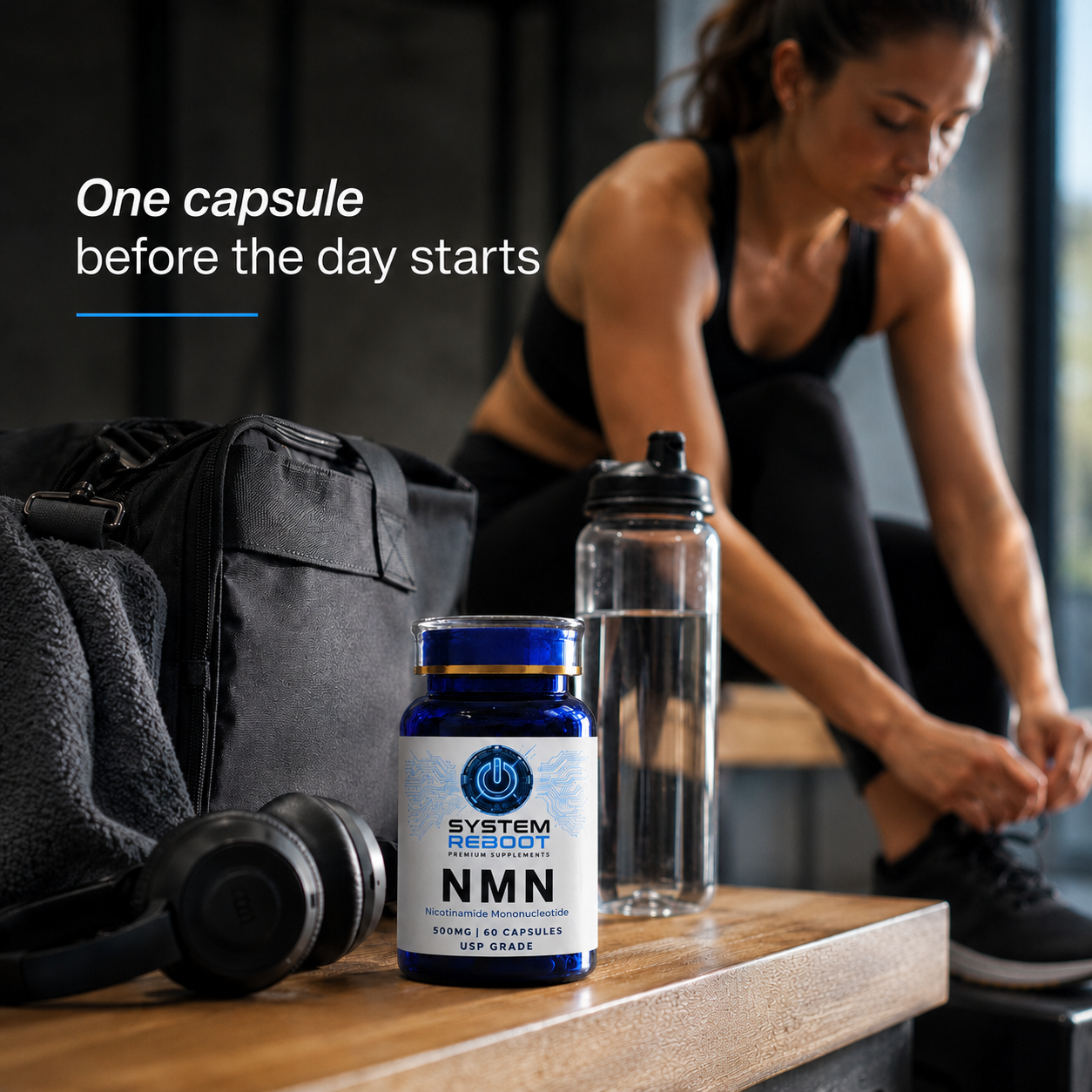 System Reboot NMN bottle on gym bench - one capsule before the day starts