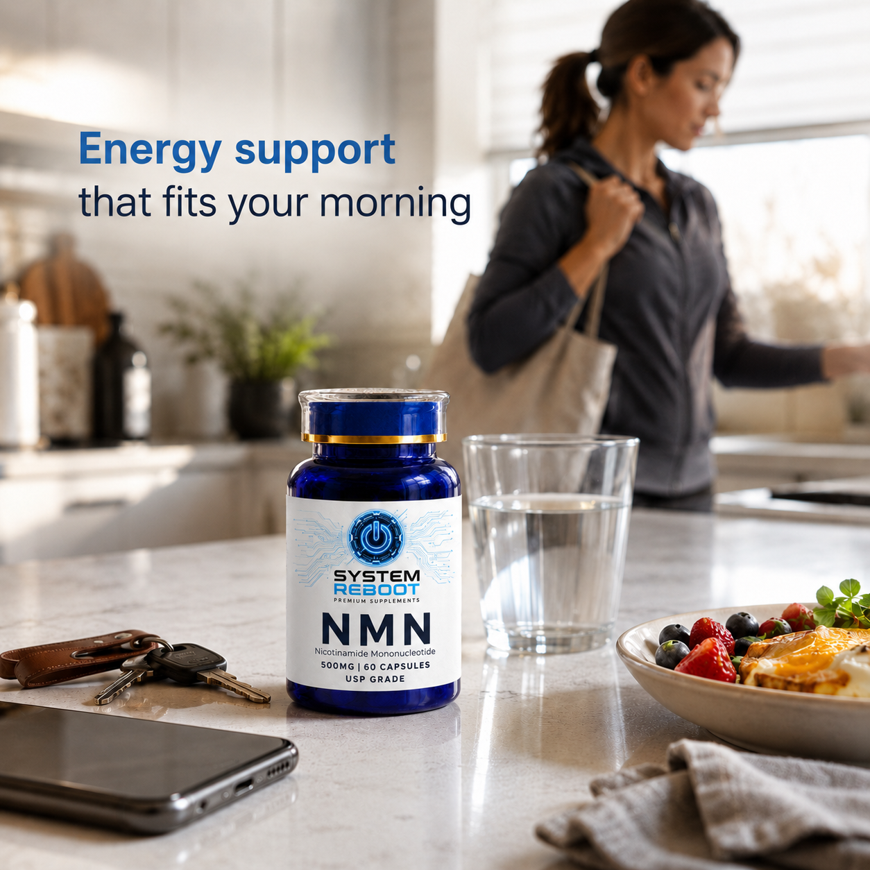 System Reboot NMN bottle on kitchen bench - morning energy support