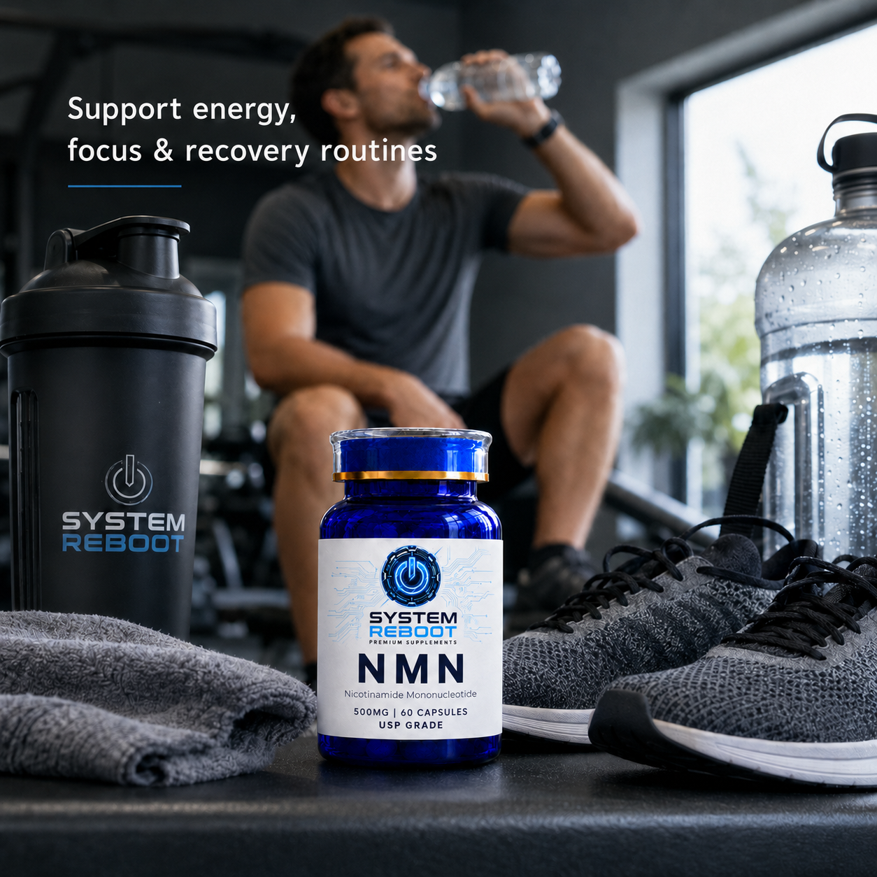 System Reboot NMN bottle at gym with shaker - recovery routine