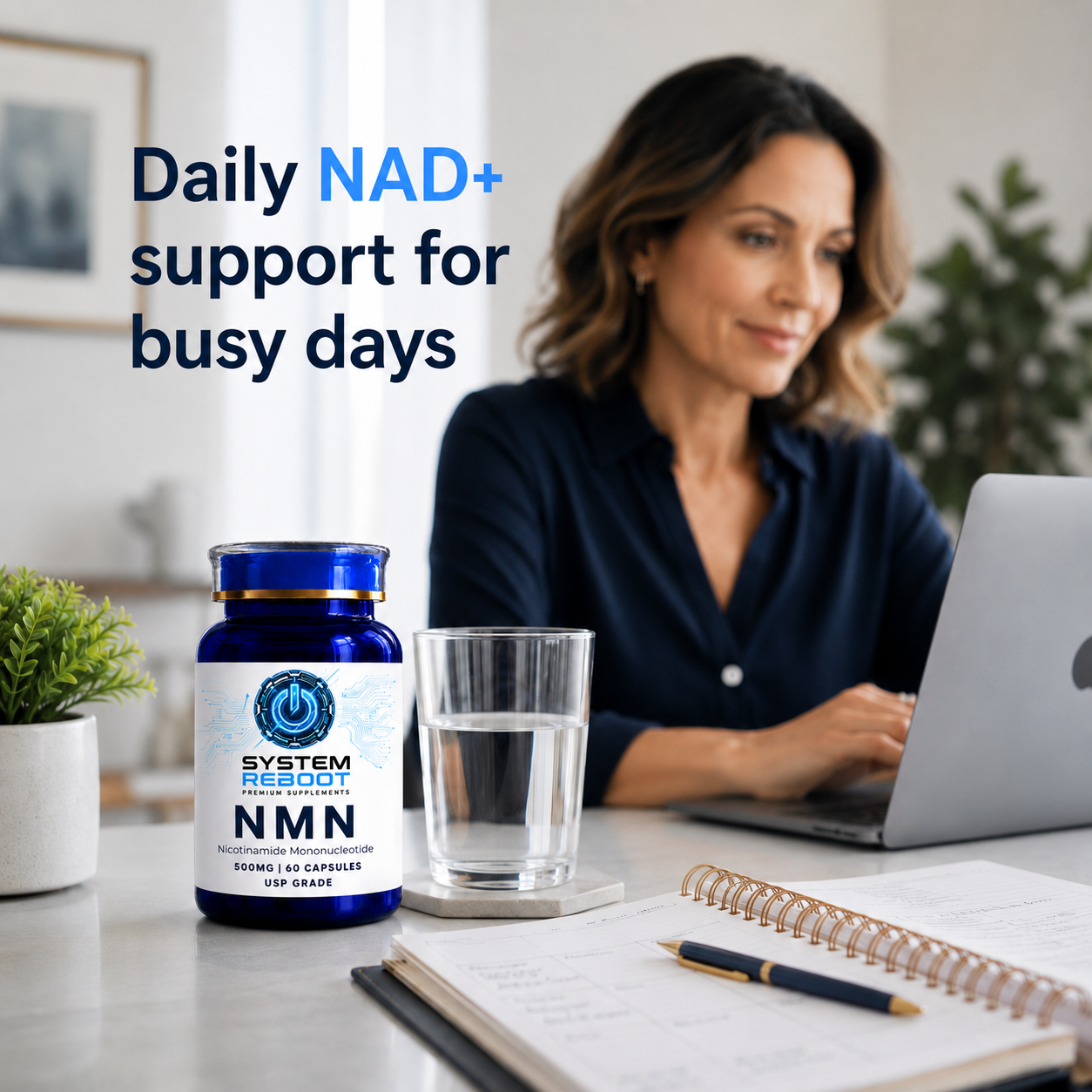 System Reboot NMN bottle on desk - daily NAD+ support for busy days