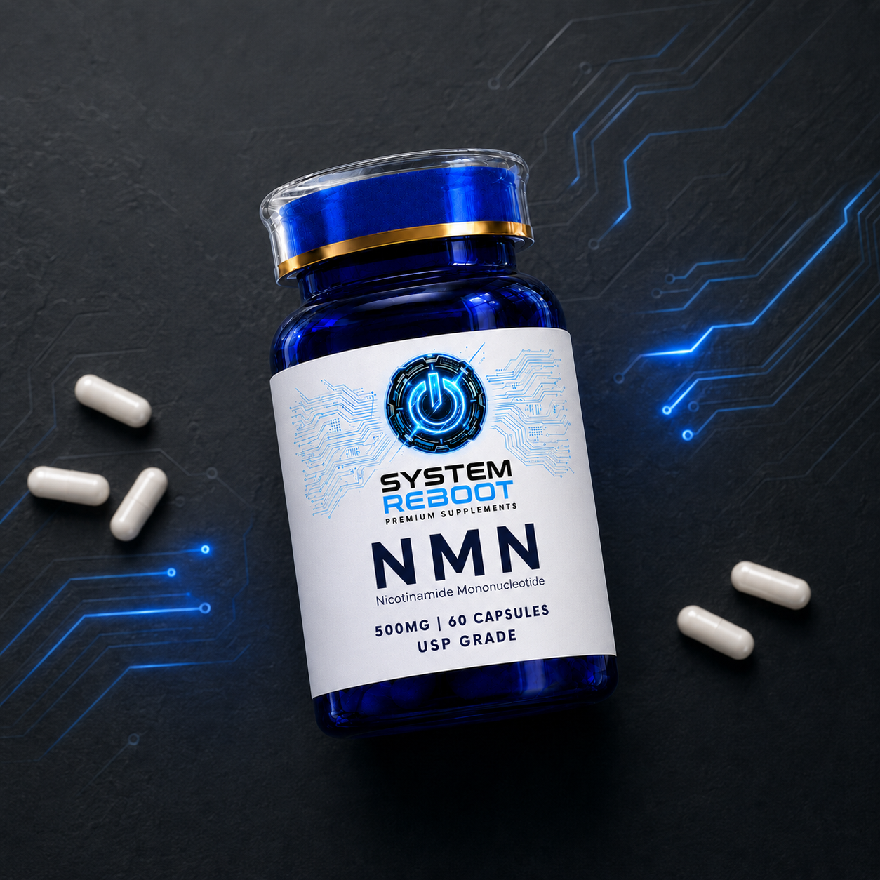 System Reboot NMN bottle flat lay with capsules on dark background