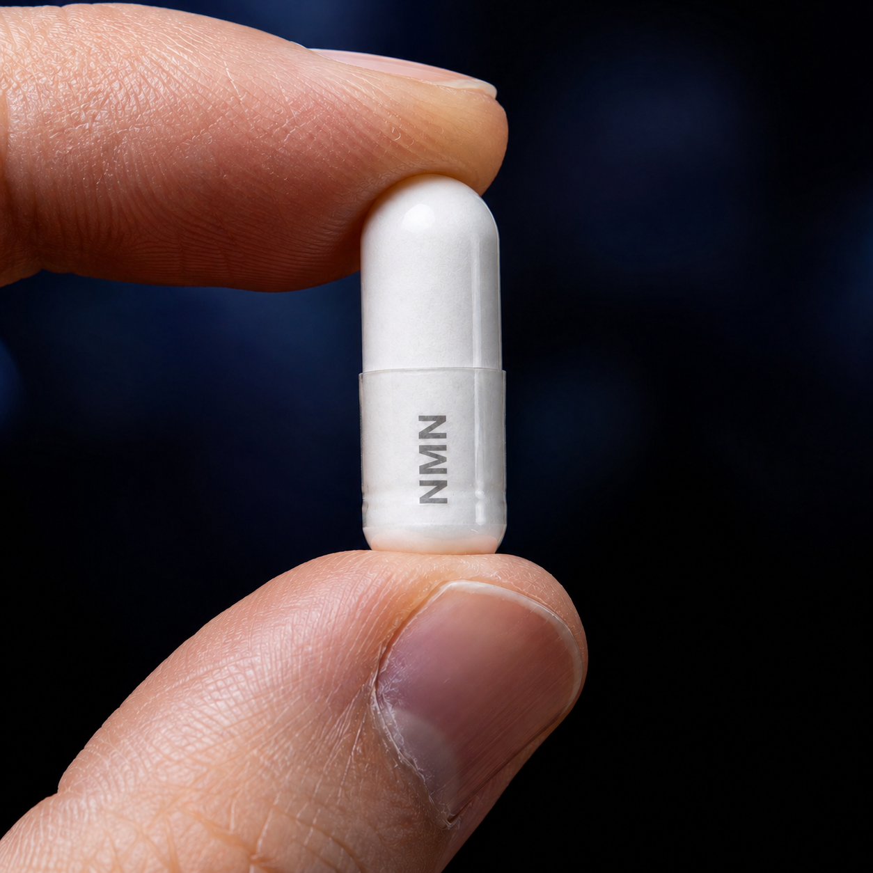 System Reboot NMN capsule close-up held between fingers