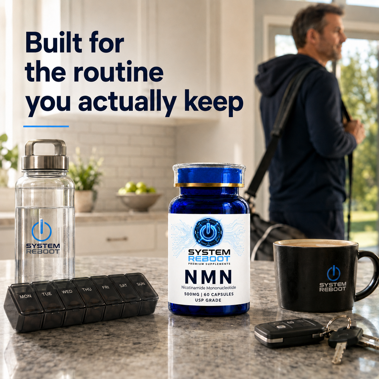 System Reboot NMN bottle on kitchen counter - built for your daily routine