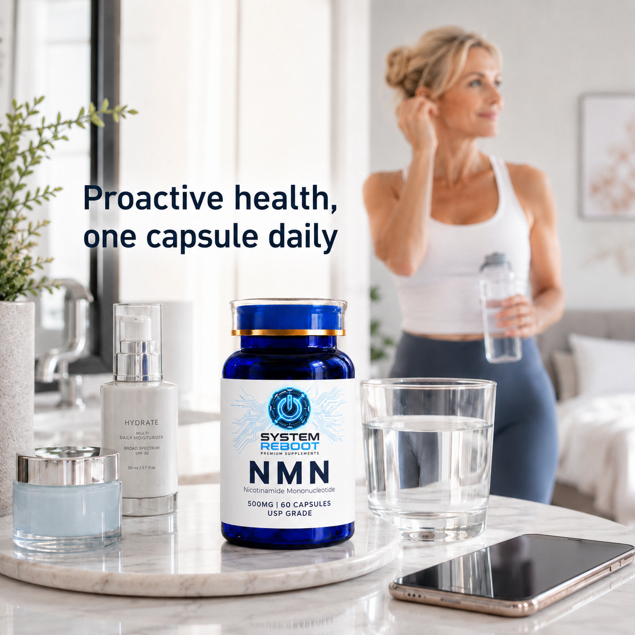 System Reboot NMN bottle on counter - proactive health, one capsule daily