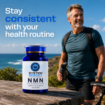 System Reboot NMN bottle with man on coastal walk - stay consistent lifestyle