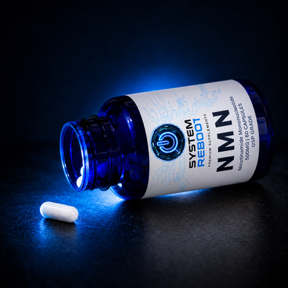 System Reboot NMN open bottle on side with capsules, blue glow