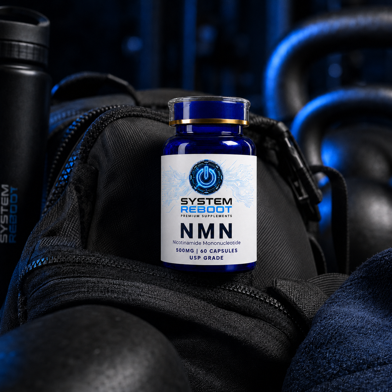 System Reboot NMN bottle packed in gym bag close-up