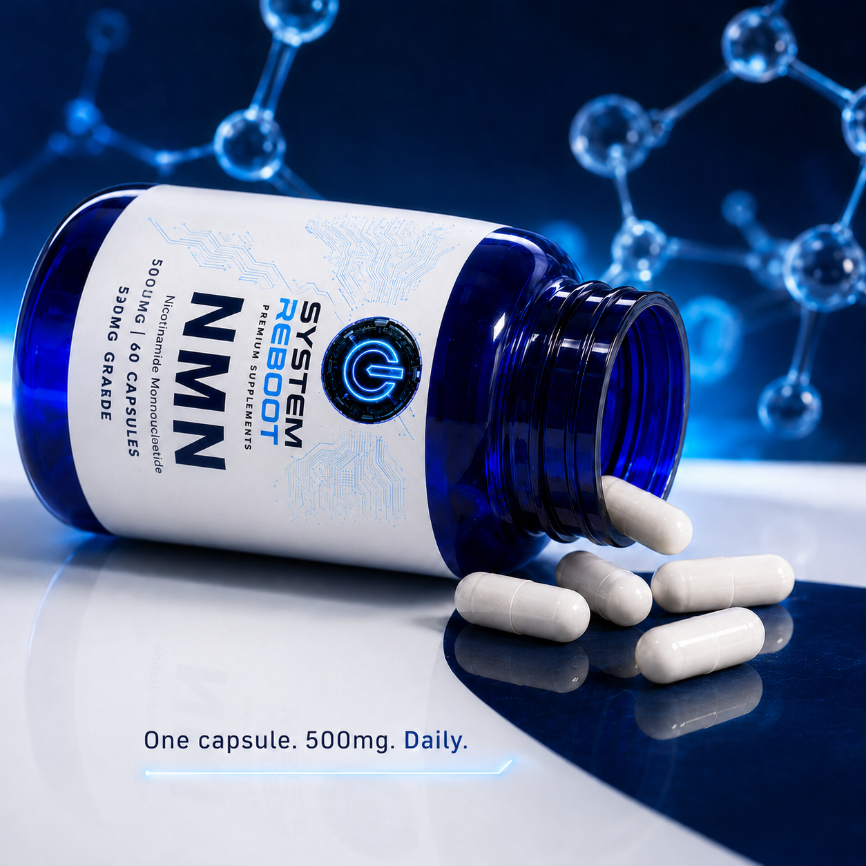 System Reboot NMN tilted bottle with capsules spilling - one capsule 500mg daily
