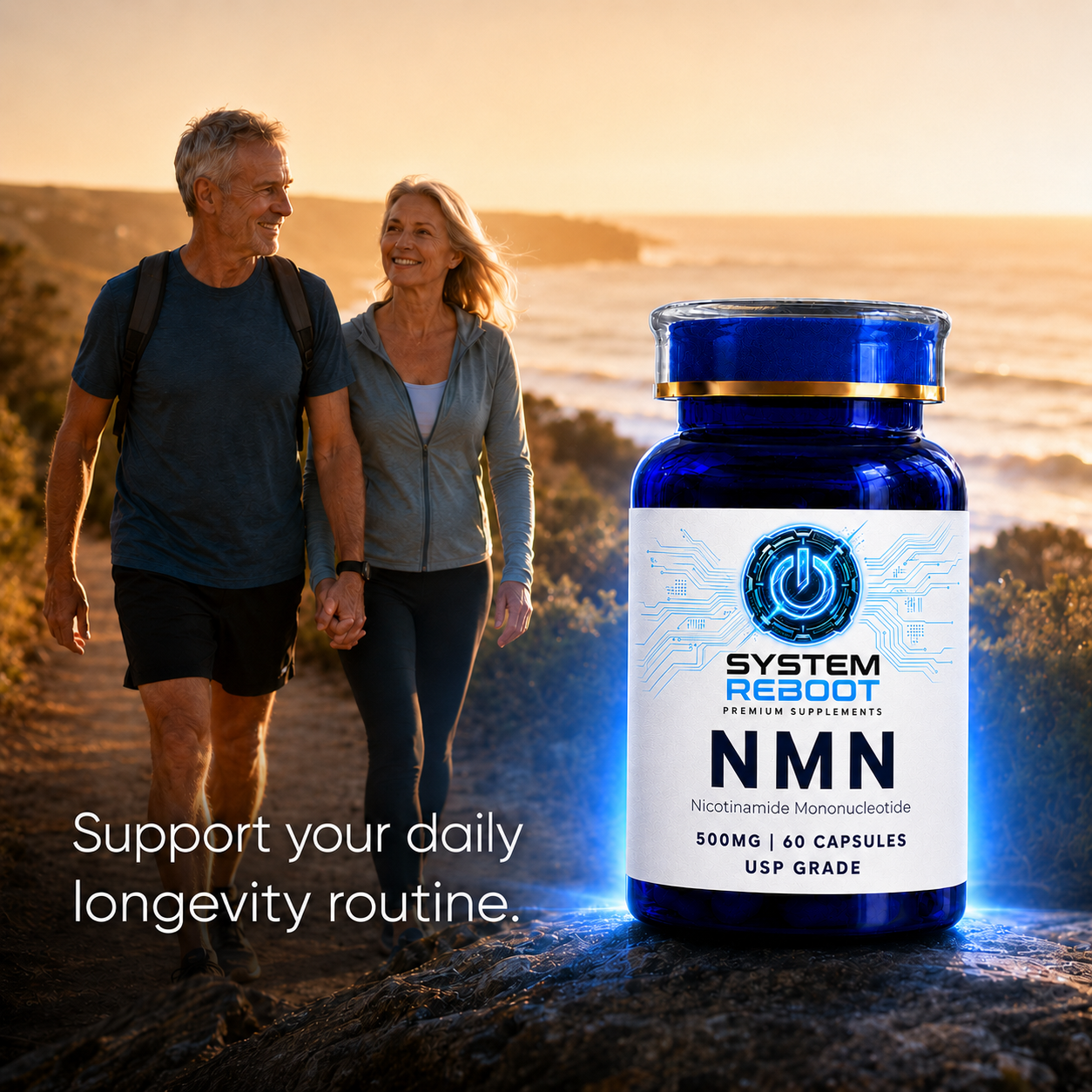 System Reboot NMN bottle with couple walking outdoors - daily longevity routine
