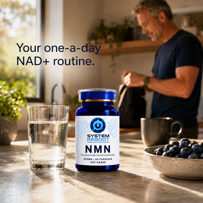 System Reboot NMN bottle in morning kitchen - one a day NAD+ routine
