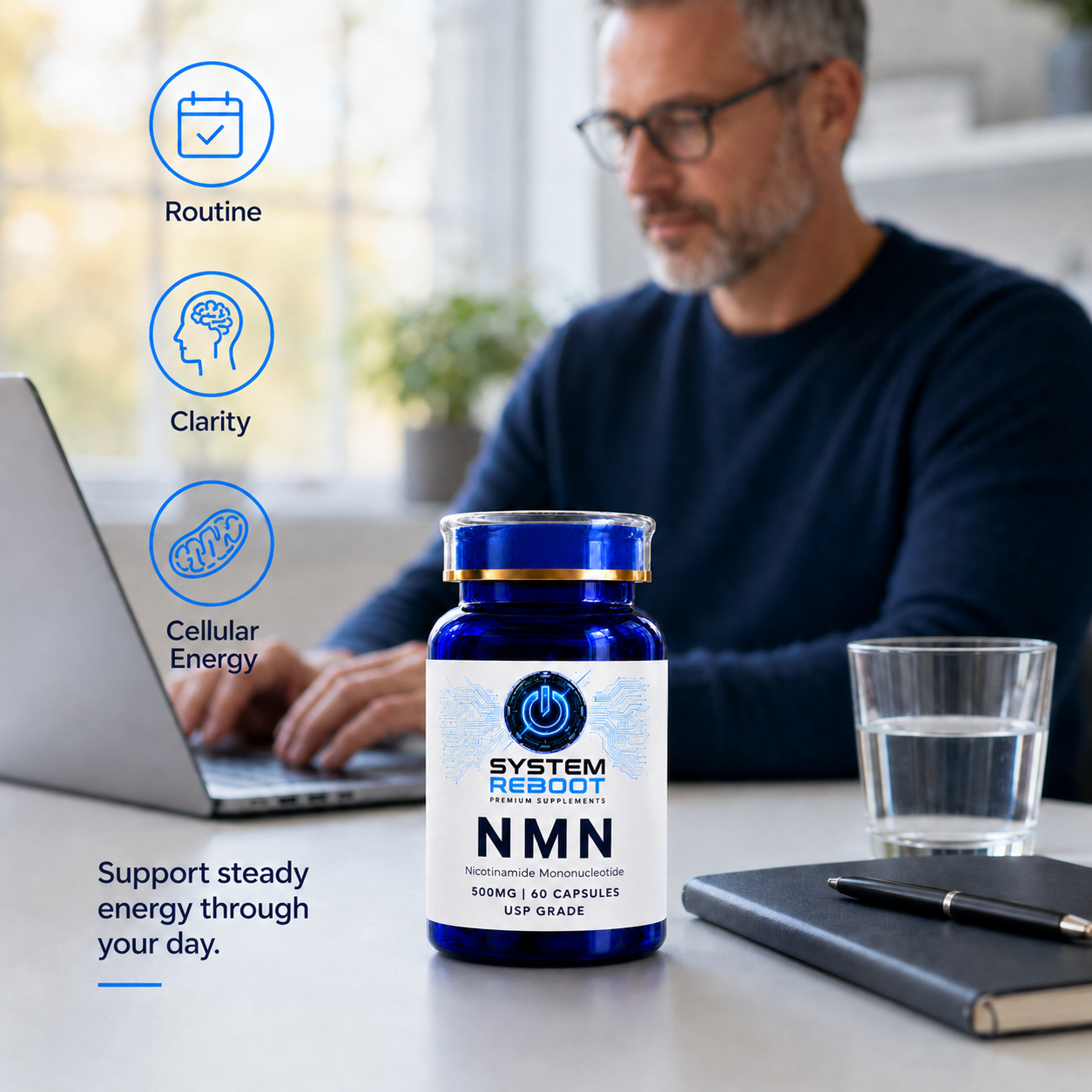 System Reboot NMN bottle on desk - steady energy through the day