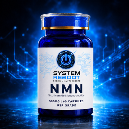 System Reboot NMN 500mg Capsules bottle front on blue background