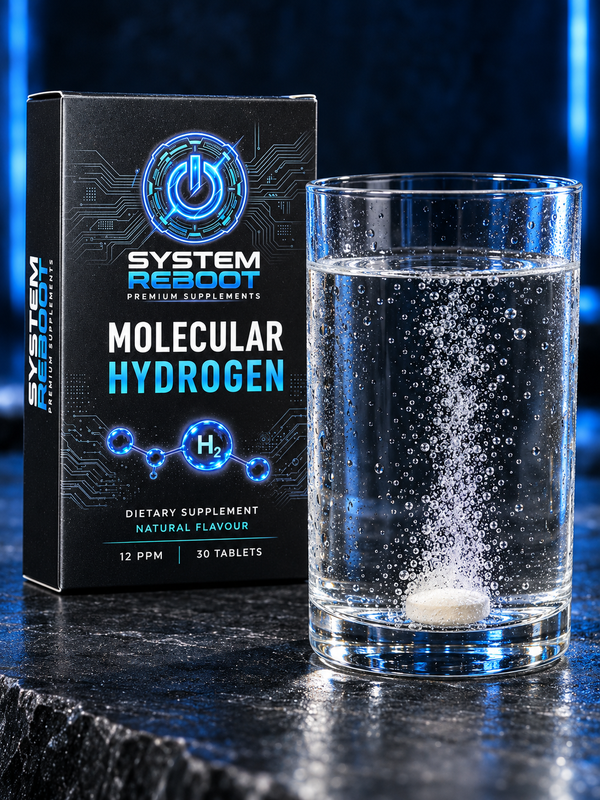 Molecular hydrogen tablet fizzing in a glass of water