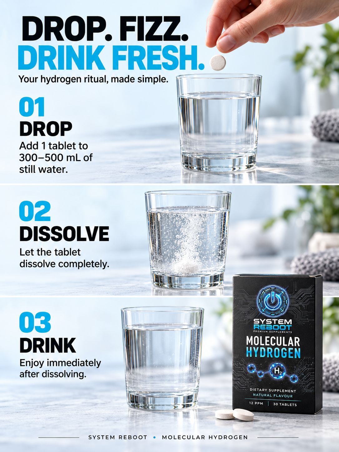 How to use: drop, dissolve, drink