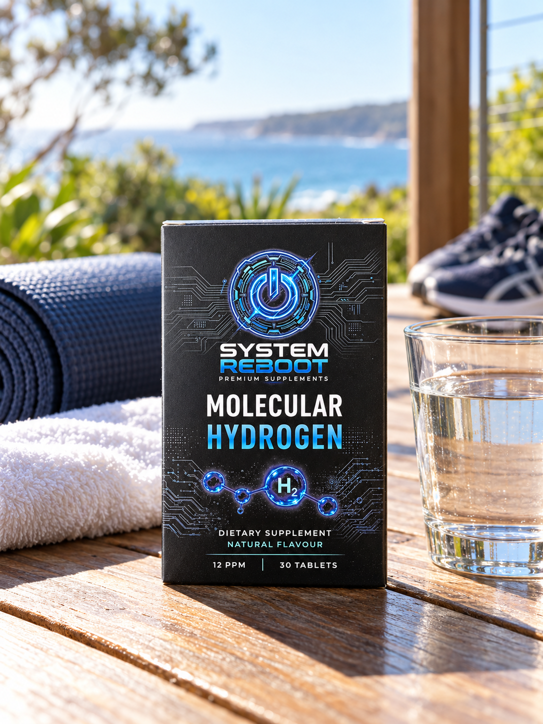 Molecular Hydrogen Tablets with gym towel and sneakers
