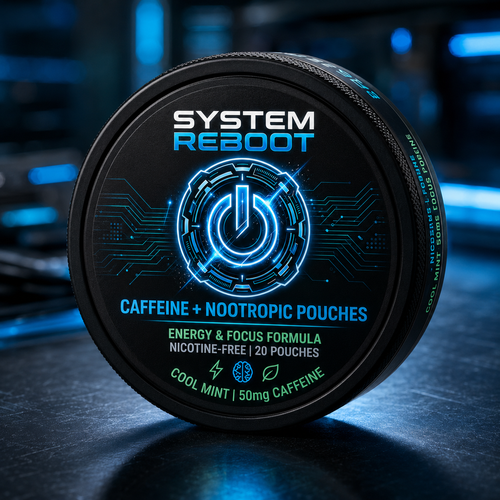 Caffeine + Nootropic Pouches by System Reboot - caffeine tin product dark tech