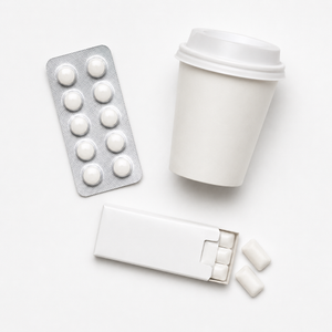A flat lay of a blister pack of white caffeine tablets, a white takeaway coffee cup and an open pack of chewing gum on a white background.